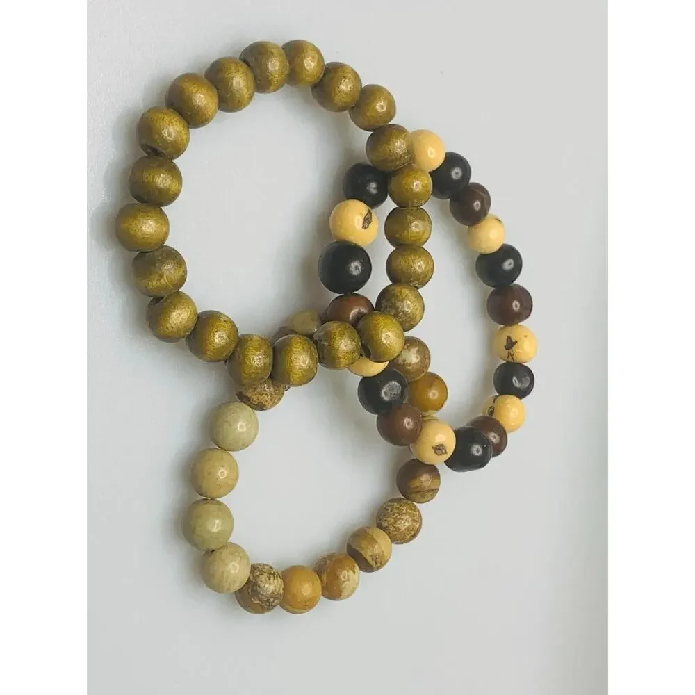 Set of 3 Natural Stretch Bracelets, Glass, Wood and Seed Beads